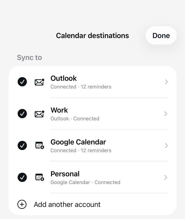 Sync to list with Outlook, Work, Google Calendar and Personal accounts